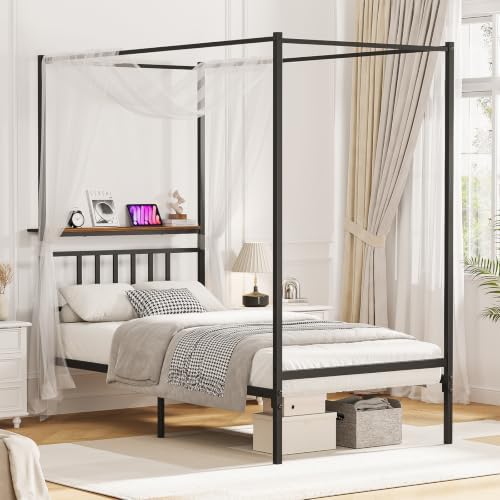 Twin Canopy Bed Frame with Storage Headboard Minimalist Style 4 Posters Bed