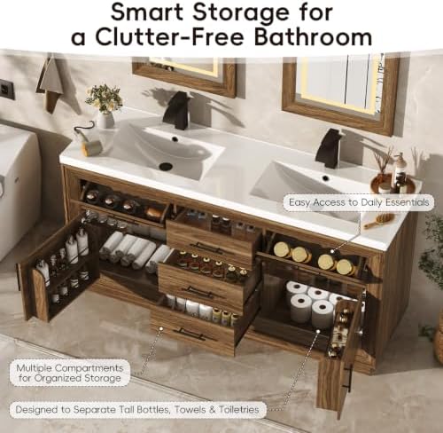 St.Mandyu 60" Bathroom Vanity w/Sink & LED Mirror & Faucet,Modern Bathroom Vanities Set w/ 3-Color Lighting, Curved Splash-Reducing Basin, Bath Vanity w/Large Storage Cabinet&Drawers,Rsutic Bro