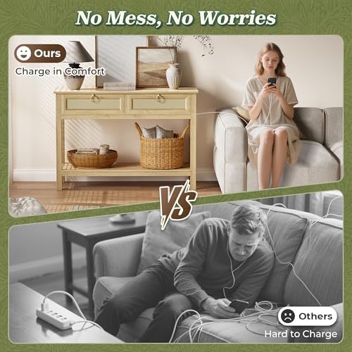 SUPERJARE Rattan Console Sofa Table with Outlets, USB-C Port and 3 Drawers