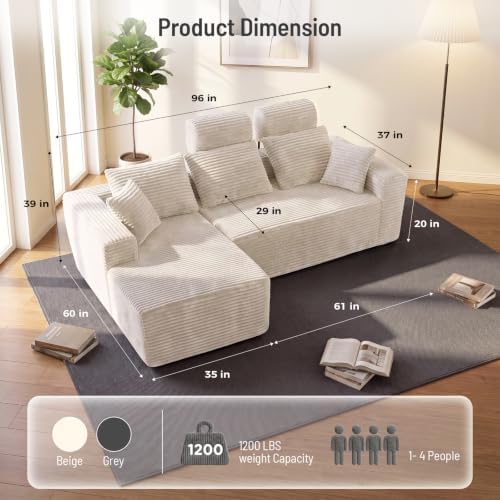 96" Boneless Couch, High Back Support L Shaped Oversized Living Room Sofa
