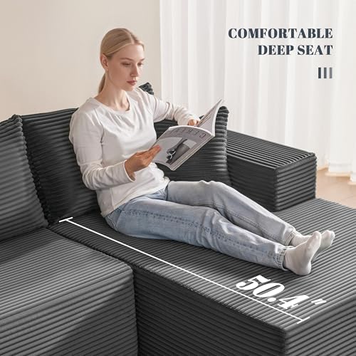 Mangodan 140” Cloud Sectional Couch, Boneless Sofa for Living Room, Modular Sectional Sofa with Deep Seat, Comfy Fluffy U-Shaped Couch with Right-Facing Chaise, No Assembly Required, Grey
