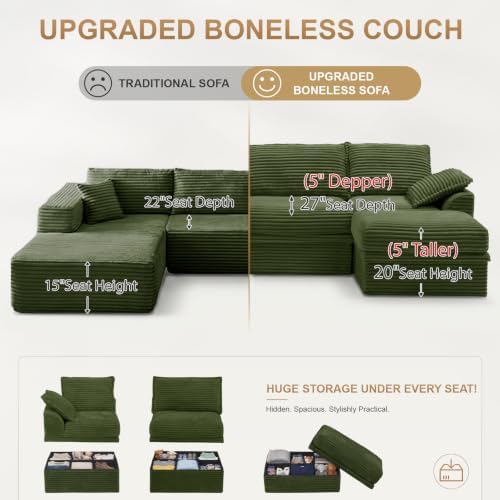 142" Oversized Modular Sectional Cloud Couches for Living Room, Corduroy 6-Seat Large Upgraded Boneless Couch with Ottoman Chaise, Deep Seat, U Shaped Memory Foam Sofa-in-a-Box, No Assembly, Green