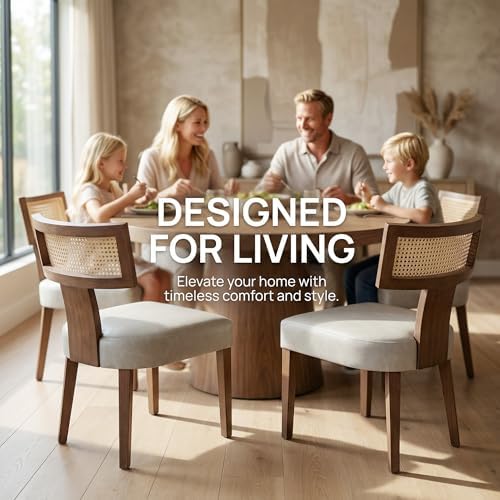 HNY Mid Century Modern Rattan Dining Chairs Set of 6, Farmhouse PU Leather Upholstered Accent Chair Curved Backrest Kitchen Chairs, with Hardwood Frame, Grey