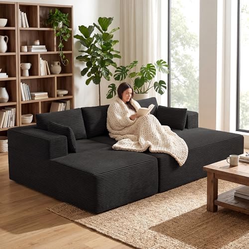 GRUSIGN 106" Oversized Sectional Boneless Sleeper Sofa Bed Couches for Living Room, Modular L Shaped Couch with Left Facing Chaise & Big Ottoman, Compressed Spineless Corduroy Cloud Sofas, Black