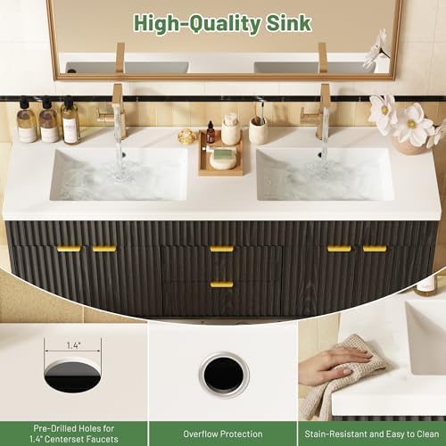 CARPETNAL 60 Inch Bathroom Vanity with Sink, Black. | Modern Fluted Large Double Sink Bathroom Vanity with Sink with 2 Storage Cabinets, Adjustable Shelf and 2 Drawers.