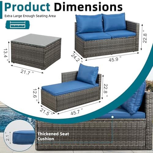 SUNLEI Patio Furniture Set with Detachable Soft Cushions, Outdoor PE Rattan Patio Conversation Sofa Set, 3-Piece Patio Sectional Sofa with Glass Coffee Table (Silver Rattan&Royal Blue)