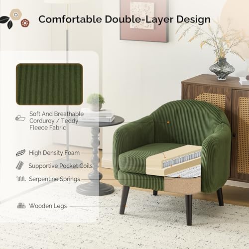 VINGLI 30.3" Wide Modern Barrel Accent Armchairs Set of 2 with Track Armrest, Solid Wooden Legs, Comfy Upholstered Club Chairs, Single Home Sofa for Living Room, Bedroom, Reading Room, Corduroy Green