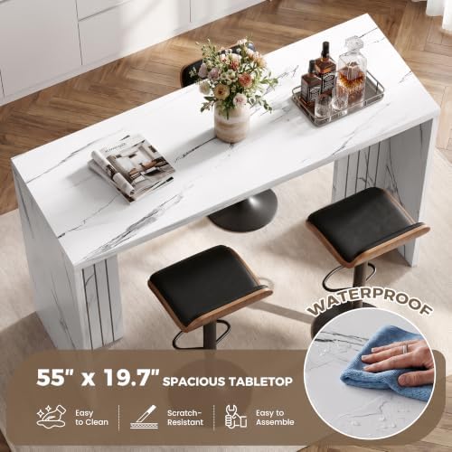 Miereirl 55" Bar Table, Marble Bar Height Table, 36.4" High Pub Table with Thick Tabletop, Narrow Entryway Table Sofa Table, Counter Height Dining Table for Living Room, Kitchen (White Marble)