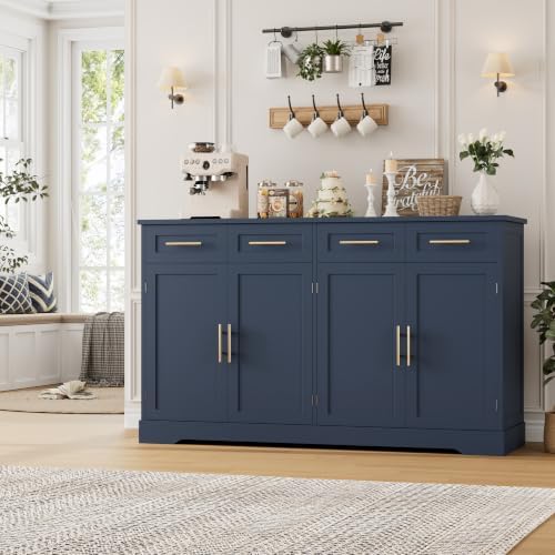 HOSTACK Sideboard Buffet Cabinet with Storage, Kitchen Cabinet, Blue/Gold