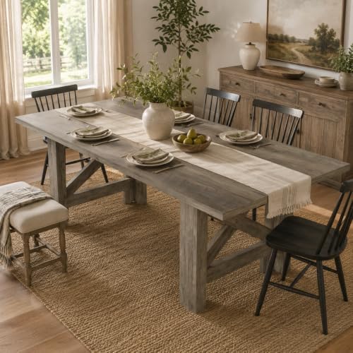 71" Farmhouse Dining Table for 6-8 Person, Large Rectangular Wood Dining Room Table Only, Rock-Strong Thick Base & Heavy Duty Triangular Legs for Kitchen, Office & Restaurant, Rustic Gray
