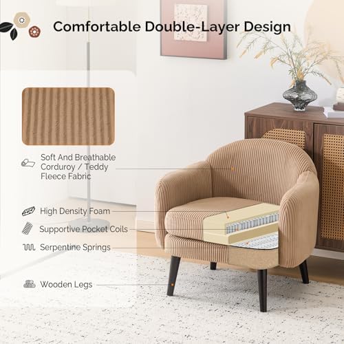 VINGLI 30.3" Wide Modern Barrel Accent Armchairs Set of 2 with Track Armrest, Solid Wooden Legs, Comfy Upholstered Club Chairs, Single Home Sofa for Living Room, Bedroom, Reading Room, Corduroy Khaki