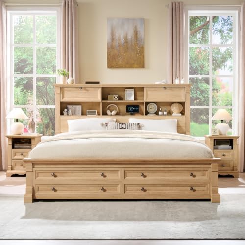T4TREAM Farmhouse King Size Bed Frame with 54" Tall Storage Bookcase Headboard, 18" Roman Column Decoration Footboard,2 Drawer & 4 Storage Rack, Oak