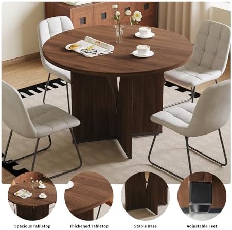HIPIHOM Modern Round Dining Table Set for 2, 39.4" Walnut Kitchen Table with 2 PU Leather Chairs, 3-Piece Mid-Century Dining Room Set for Small Spaces, Pedestal Base