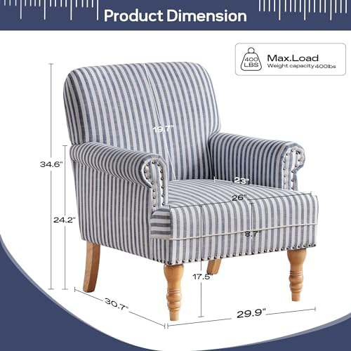 HUIMO Linen Fabric Accent Chairs Set of 2, Mid-Century Modern Armchair with Solid Wood Legs, Single Sofa Chair,Upholstered Reading Club Chair (2, Dark Blue and White Stripe)
