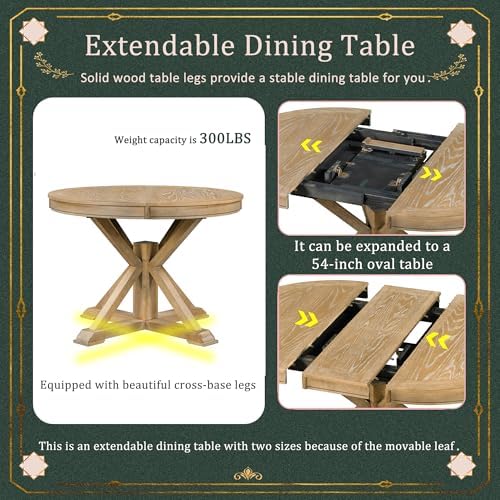 LUMISOL Round Dining Table Set for 4, Farmhouse Kitchen Table Set with Extendable Round Dining Table & 4 Upholstered Chairs, 5-Piece Solid Wood Table and Chairs Set for Kitchen, Dining Room, Natural