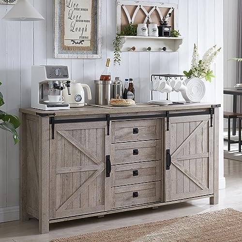 T4TREAM 60" Wide Farmhouse Sideboard Buffet Cabinet, Light Rustic Oak
