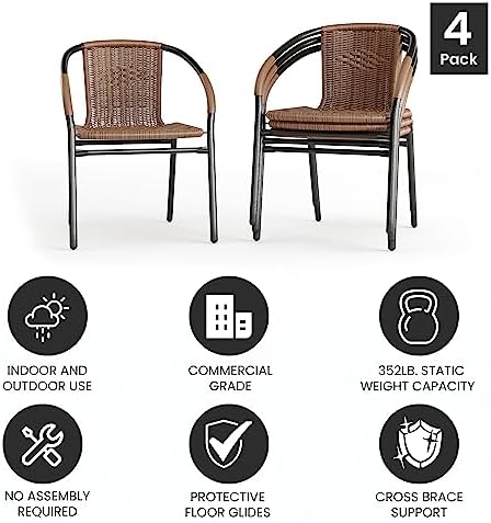 Flash Furniture Lila Modern Rattan Indoor/Outdoor Stackable Dining Chairs, Stacking Rattan Bistro Chairs for Patio or Restaurant, Set of 4, Brown