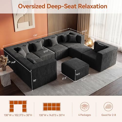 MONVANE Modular Sectional Sofa, Oversized 8 Seat Convertible U Shaped Couch with Ottoman, Comfy Chenille Cloud Couch with Deep Seat, Sectional Couches for Living Room, No Assembly Required, Black