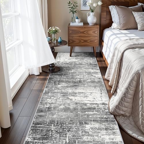 2x8 Washable Hallway Runner Rug: Abstract Stain Resistant Kitchen Rugs Farmhouse Ultra Soft Bathroom Bedroom Entryway Print Floor Mat Thin Non-Slip Indoor Carpet for Living Room Laudry(2x8,Black/Grey)