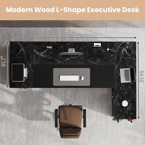 78" Executive Desk with Lockable File Cabinet, L Shaped Office Desk with Power Outlets, Large Executive Desk with Drawers and Storage Shelves, Reversible Computer Desk, Marble Grain