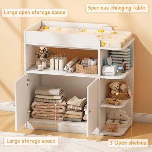 Wanan Changing Table Dresser with Large Cabinet for Nursery, Wood, White