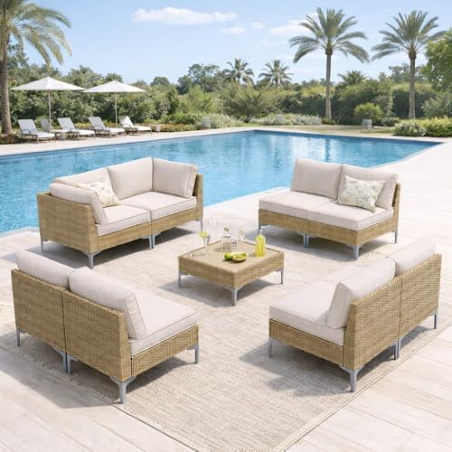 9-Piece Patio Furniture Set, Outdoor Wicker Sectional Sofa with Coffee Table, Anti-Slip & Thick All-Weather Cushions for Sunroom,Garden,Backyard, Beige