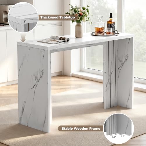 Miereirl 55" Bar Table, Marble Bar Height Table, 36.4" High Pub Table with Thick Tabletop, Narrow Entryway Table Sofa Table, Counter Height Dining Table for Living Room, Kitchen (White Marble)