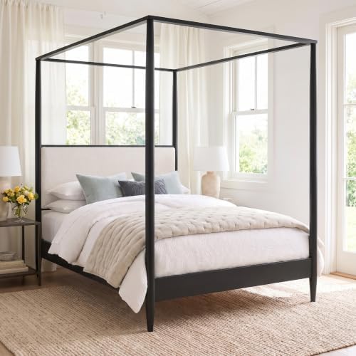 Merax King 4-Poster Wood Canopy Bed with Boucle Headboard, Black