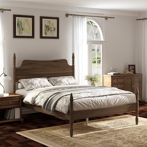 Vintage Wood Queen Bed Frame, Traditional Spindle Platform Bed with Tall Headboard, Walnut Antique Style 4-Poster Design, Under Bed Storage, No Box Spring Needed (Walnut, Queen)