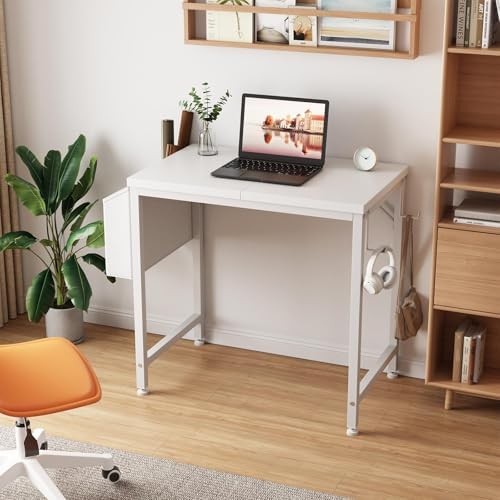 Lufeiya Small White Desk for Small Spaces, 24 Inch Kids Girls Study Writing Mini Desks for Bedroom, Simple Modern Laptop PC Little Side Table with Storage Bag Headphone Hook, White