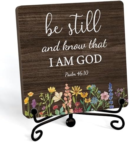 Inspirational Christian Desk Decor, Be Still And Know That I Am God Rutsic Sign, Desk Decorations For Office Home Living Room Bathroom, Eucalyptus Shelf Decor, Wooden Plaque With Stand (06)