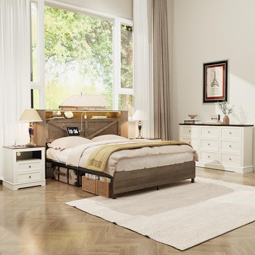KIGOTY Farmhouse Bedroom Set, 3 Pcs Dresser and Nightstand Sets, 9 Drawer Dresser & 2 Drawer Nightstand Set with Charging Station,Rustic Wood Bedroom Furniture Set for Home