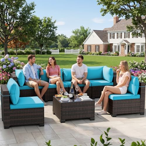 LEVELEVE 7-Piece Outdoor Patio Furniture Sets, Manual Weaving Rattan Conversation Sectional Sofa with Tempered Glass Coffee Table, All-Weather PE Wicker & Thick Cushions for Garden, Backyard, Porch