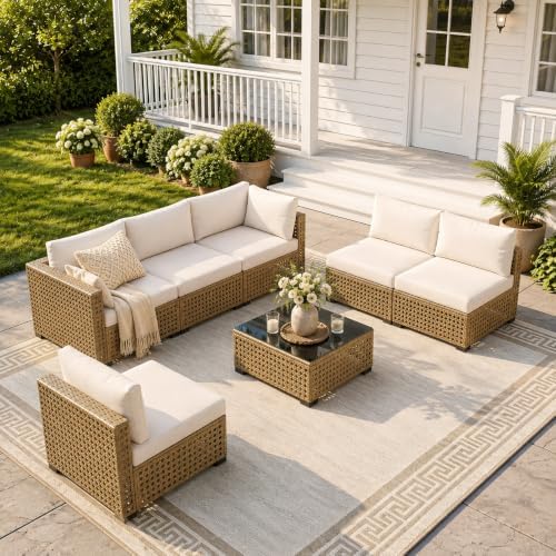 LOUVIXA 7 Piece Outdoor Patio Furniture Set, Outdoor Sectional Sofa, Wicker Rattan Patio Furniture, Patio Conversation Set with Coffee Table & Cushions