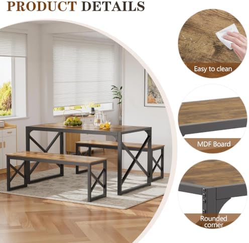VECELO 55" Kitchen Dining Table Set for 4, Heavy-Duty Steel Frame & Wood-Grain Tabletop, Space-Saving Dinette Sets with 2 Benches for Breakfast Nook and Small Space, Brown