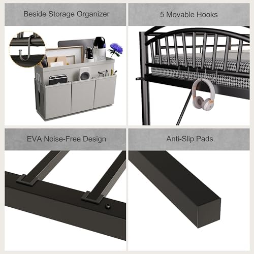 Decofy Metal Loft Bed Twin Size, Heavy Duty Loft Bed with Bedside Caddy, EVA Anti-Slip Ladder with Sturdy Guardrails, Space-Saving Twin Size Loft Bed for Teens & Adults for Bedroom Dorm (Black)