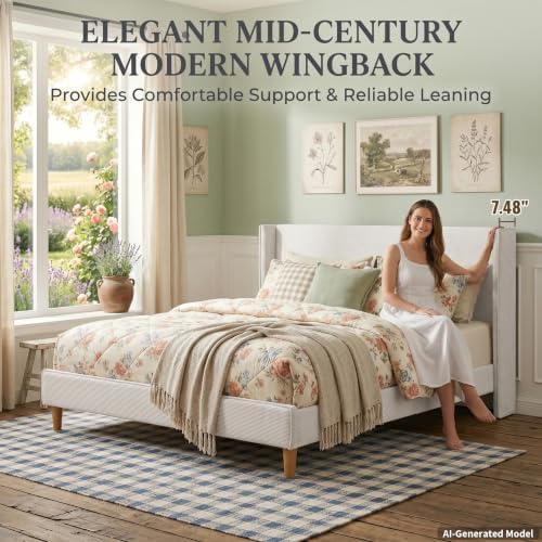 King Corduroy Upholstered Platform Bed with Headboard Wingback, Cream