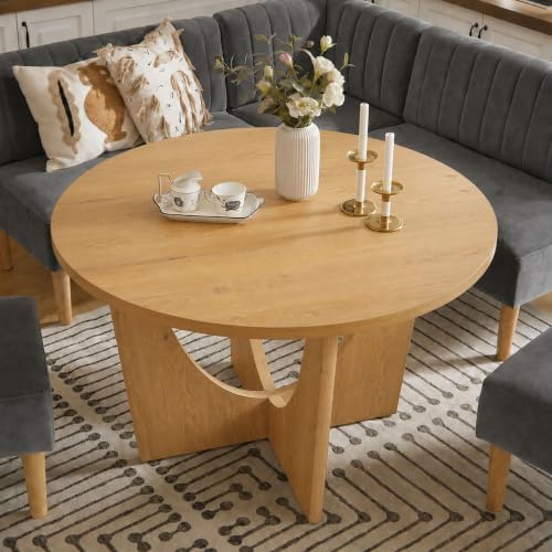 Round Dining Table Set with Loveseat & Chairs, 47 Inch Farmhouse 5-Piece Round Table Setting for 4 to 6, Wood Circle Table and Chairs Set for Kitchen,Breakfast Nook, Indoor Conversational Seating