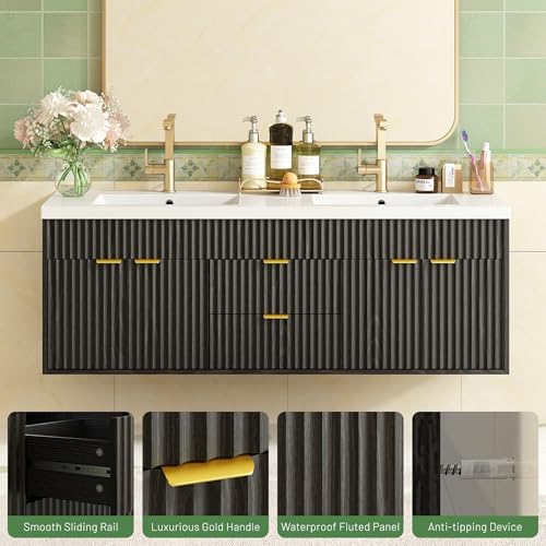 CARPETNAL 60 Inch Bathroom Vanity with Sink, Black. | Modern Fluted Large Double Sink Bathroom Vanity with Sink with 2 Storage Cabinets, Adjustable Shelf and 2 Drawers.