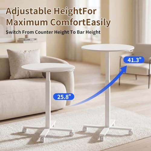 Adjustable Bar Table, 23.6" Round with Gas Spring Height Adjustment (28.3"-42.5"), Rolling Cocktail Table with Lockable Casters, Modern Bistro Table for Kitchen, Home Bar & Small Spaces