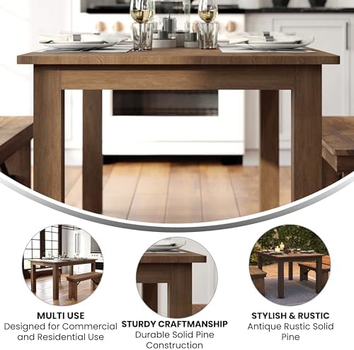 Merrick Lane Jessamine 60" x 38" Rectangular Rustic Solid Pine Farm Dining Table, Antique Farmhouse Wooden Dining Table for Kitchens and Parties, Antique Rustic