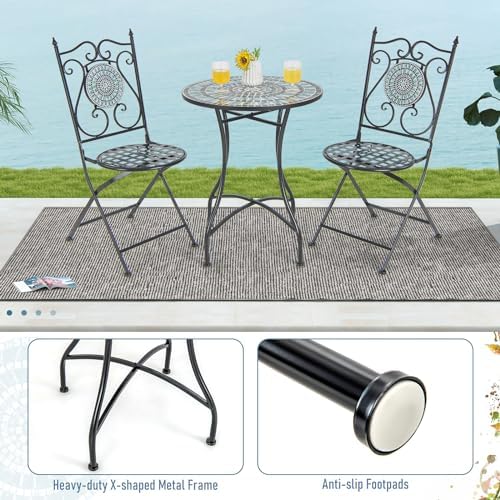 GIANTEX 24 Inch Patio Bistro Table, Mosaic Round Table w/Ceramic Tile Tabletop, Heavy-Duty Metal Structure, Outdoor Dining Table for Backyard, Garden, Porch (Blue & Black (Sun Pattern))