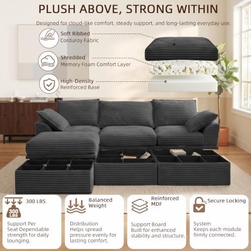 Upgraded Boneless Couch with Storage, Sectional Couches for Living Room, L-Shaped Modular Cloud Corduroy Sofa with Ottoman & Pillows, Oversized Deep Seat Memory Foam Couch, No Assembly(Gray, 107" L)