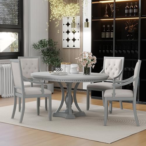 LUMISOL 5-Piece Solid Wood Dining Table Set for 4, Extendable Round Kitchen Table Set with 4 Upholstered Chairs, Farmhouse Table and Chairs Set for Kitchen, Dining Room, Antique Grey