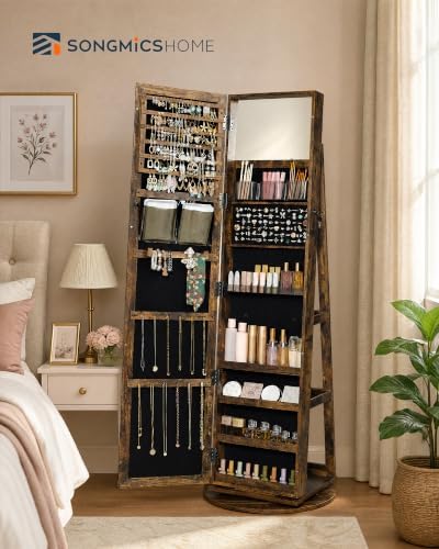 SONGMICS HOME Standing Jewelry Cabinet, Full Length Mirror with Storage | Swivel Jewelry Armoire, Lockable Rotating Organizer, Rear Storage Shelves, Bedroom Organization, Rustic Brown UJJC006X01SH