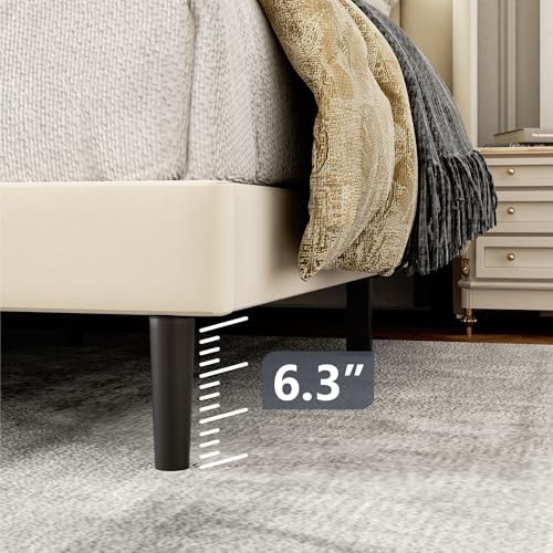Gruwans King Size Bed Frame with Wingback Headboard, Upholstered Platform Bed, No Box Spring Needed, Sturdy Wooden Slat Support, Easy Assembly, Cream
