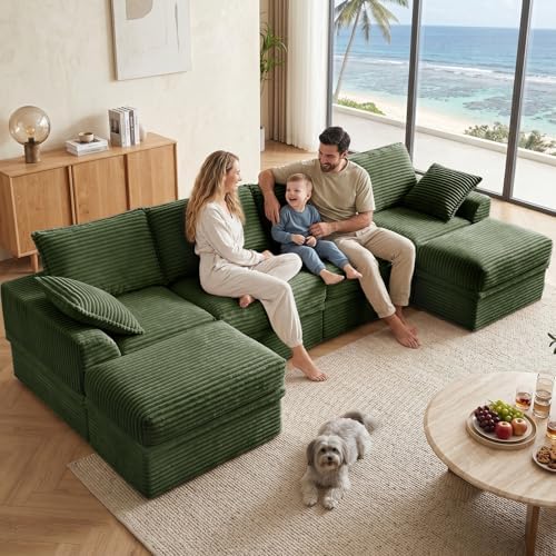 142" Upgraded Boneless Couch with Storage, Modular Sectional Couches for Living Room, Oversized Deep Seat 6-Seat U Shaped Cloud Sofa with Ottoman & Pillows,Corduroy,No Assembly (Green)