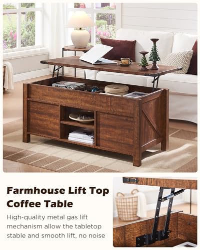 OKD 48" Farmhouse Lift Top Coffee Table Sliding Barn Door ReclaimedBarnwood