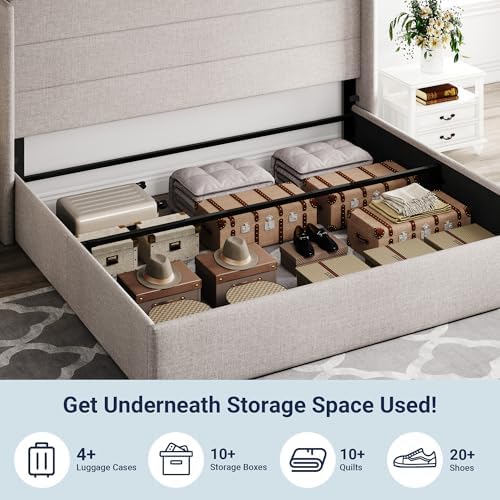 Allewie King Size Lift Up Hydraulic Storage Bed Frame Light Beige