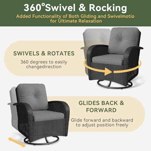 Aoxun 3 Pieces Patio Furniture Set, Patio Swivel Rocker Chairs Set of 2, Wicker Outdoor Bistro Set with Rocking Chair, Thickened Cushions and Table for Porch (Light Grey)